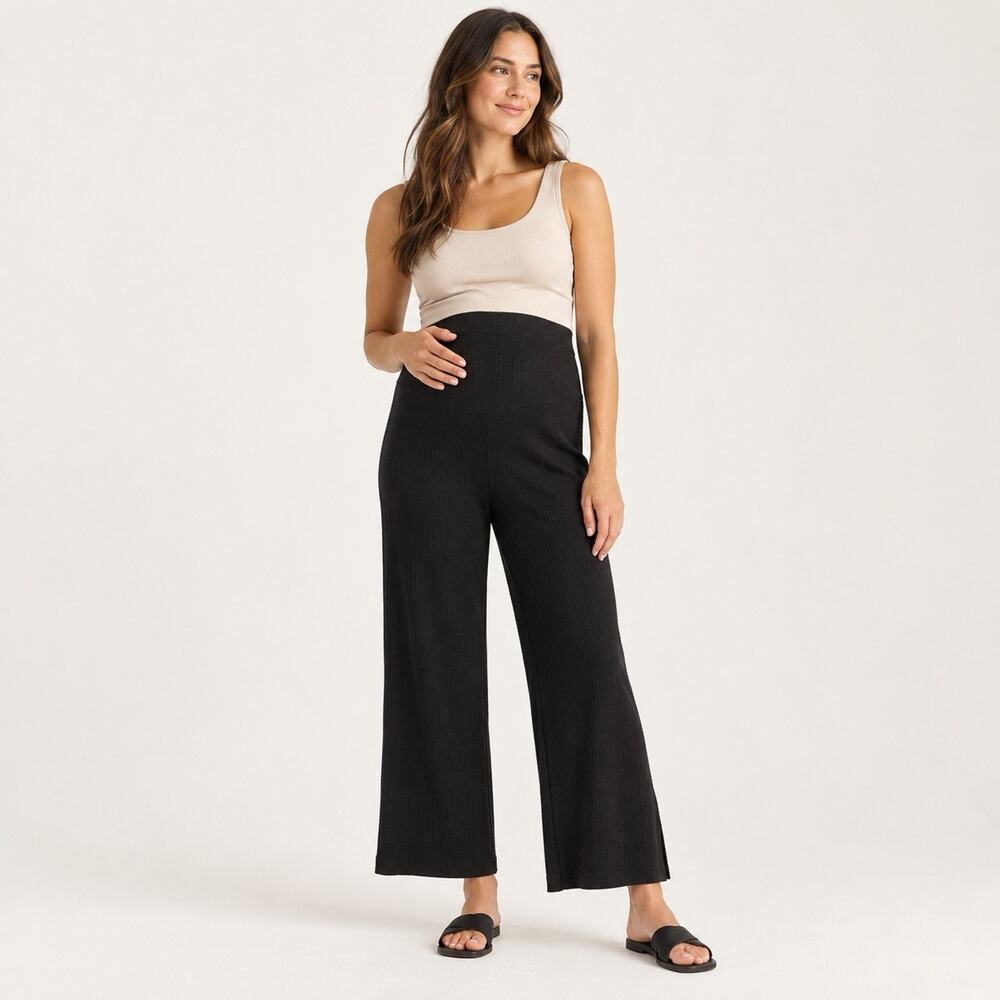Quince Women’s Medium Cotton Cashmere Maternity Wide Leg Ribbed Pants Black NWOT